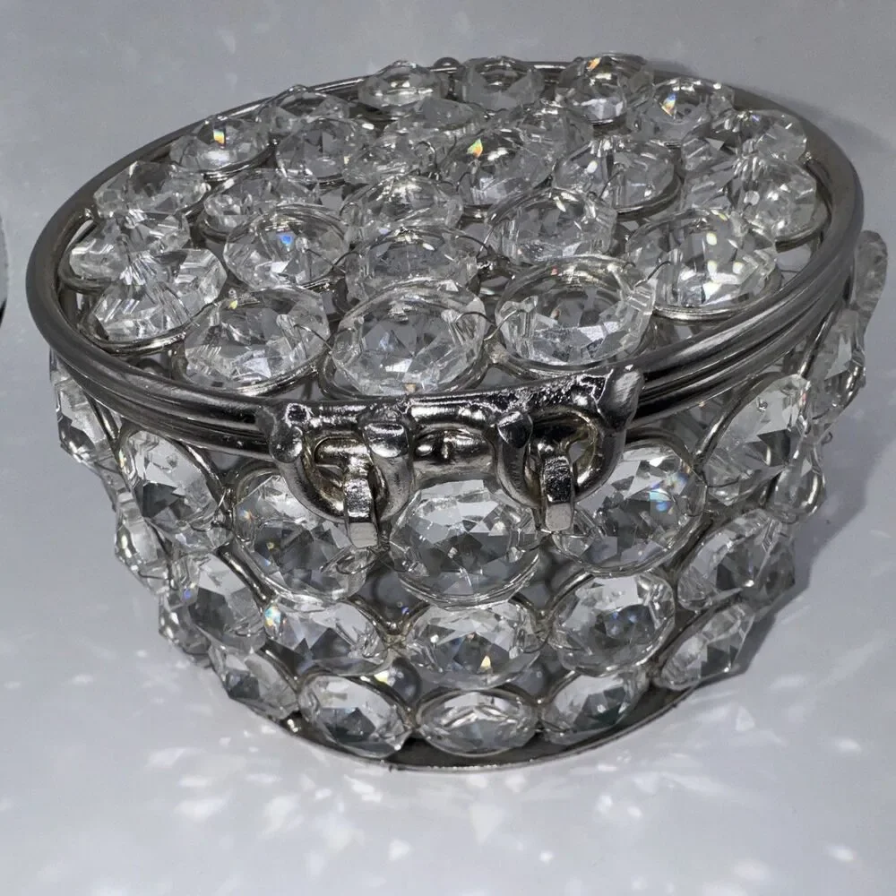 Glass crystal like Jewelry/Trinket  Box, Silver Metal, mirrored inside, lid.